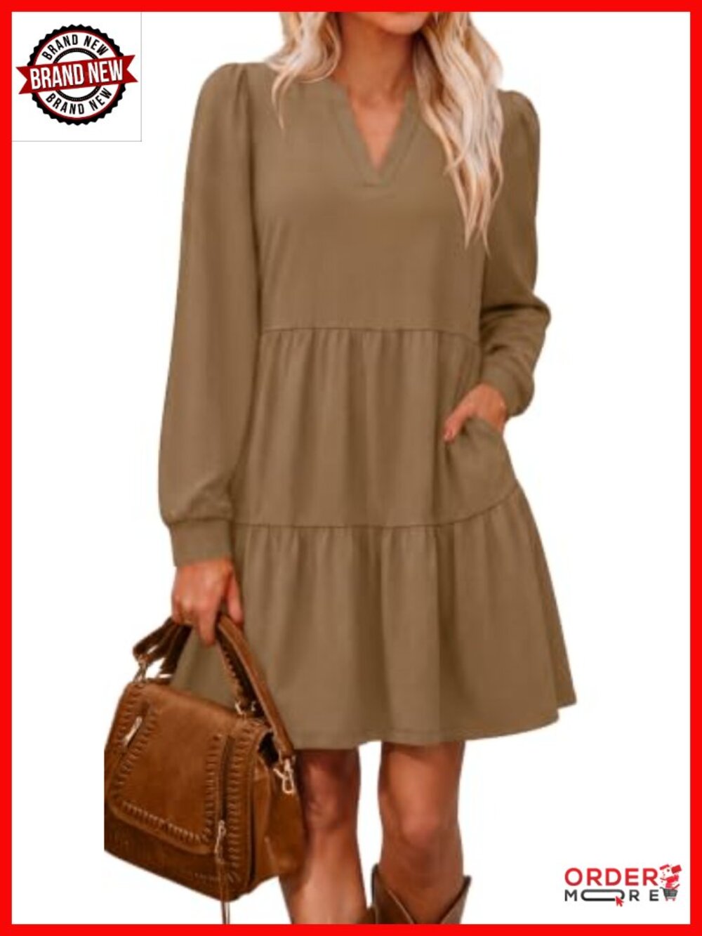 Women's V Neck Long Sleeve Tiered Dress with Pockets